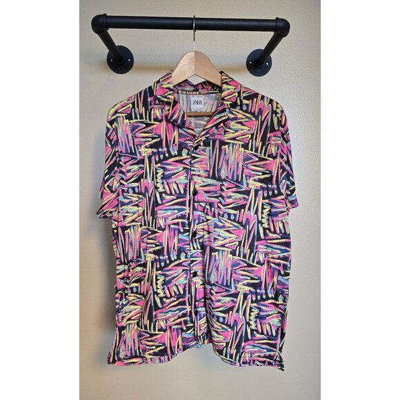 Zara 80s multi color button up short sleeve shirt men's size large - Picture 1 of 6